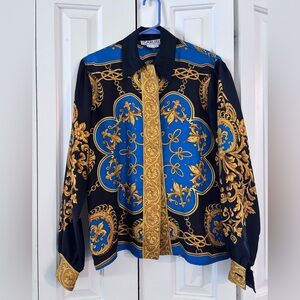 Carlisle Black, Blue & Gold Baroque Button-Up Silk Shirt